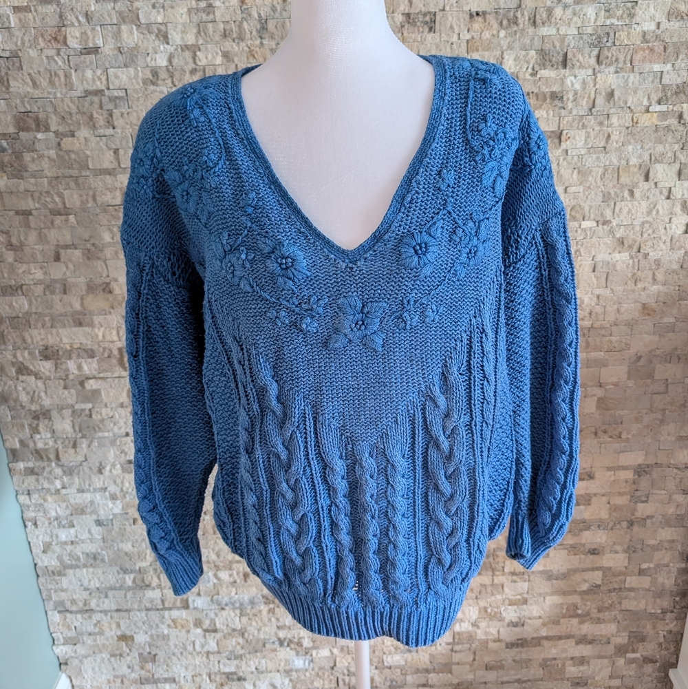 Vintage Crochet Floral Sweater Ramie Cotton Womens L Blue Cottagecore Grandma